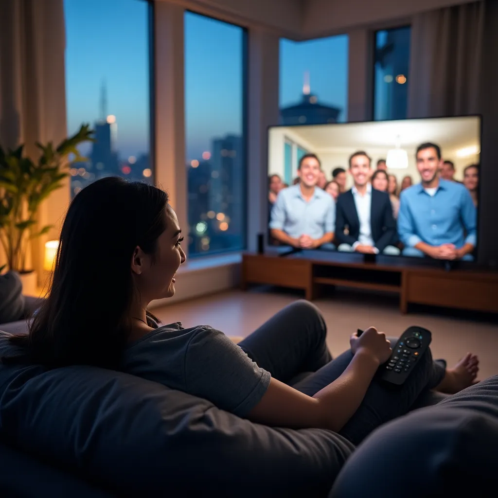 android box iptvA person sitting on a couch, smiling while watching their favorite show on a large TV connected to an Android Box IPTV device, with a cityscape visible through the window behind them.