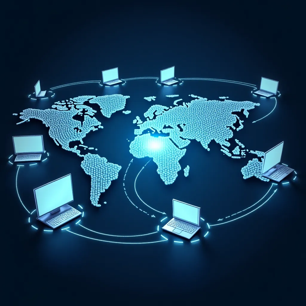 iptv einrichten kostenlosA futuristic illustration of a global network, with TV screens and devices from different parts of the world connected to a central hub, symbolizing the reach and accessibility of IPTV services.