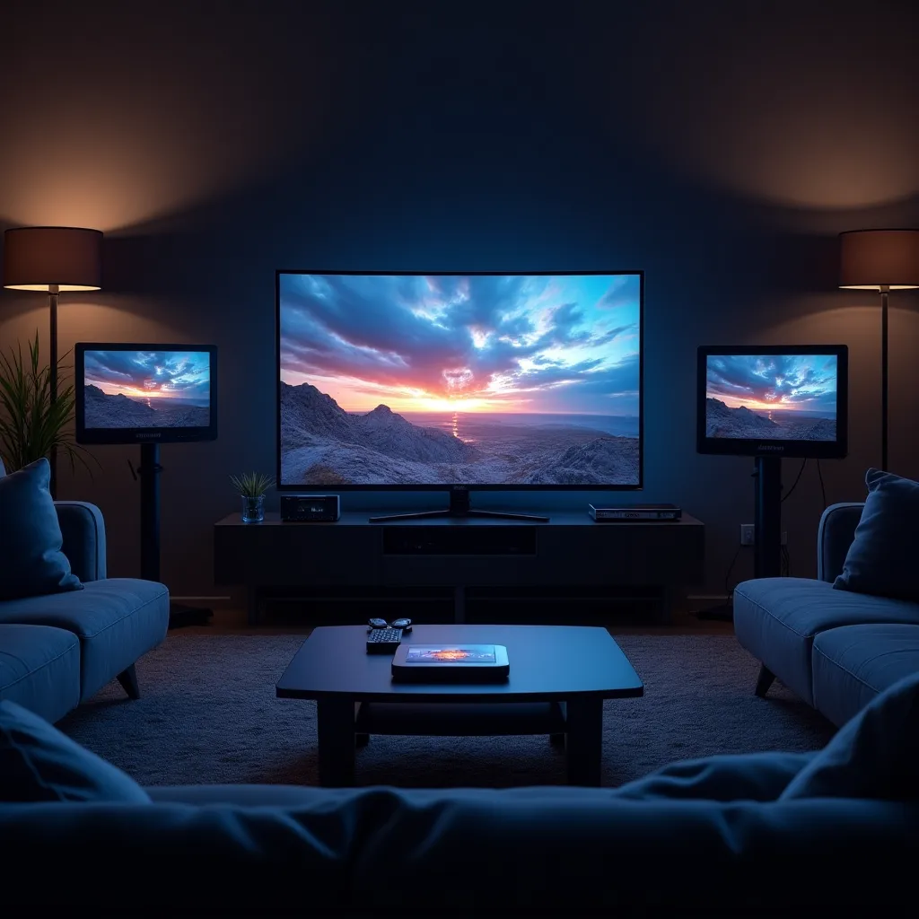 beste iptv app fur samsung fernseher kostenlosA futuristic home entertainment setup with multiple devices connected, including a Samsung TV running IPTV Smarters Pro, surrounded by comfortable seating and dim lighting.